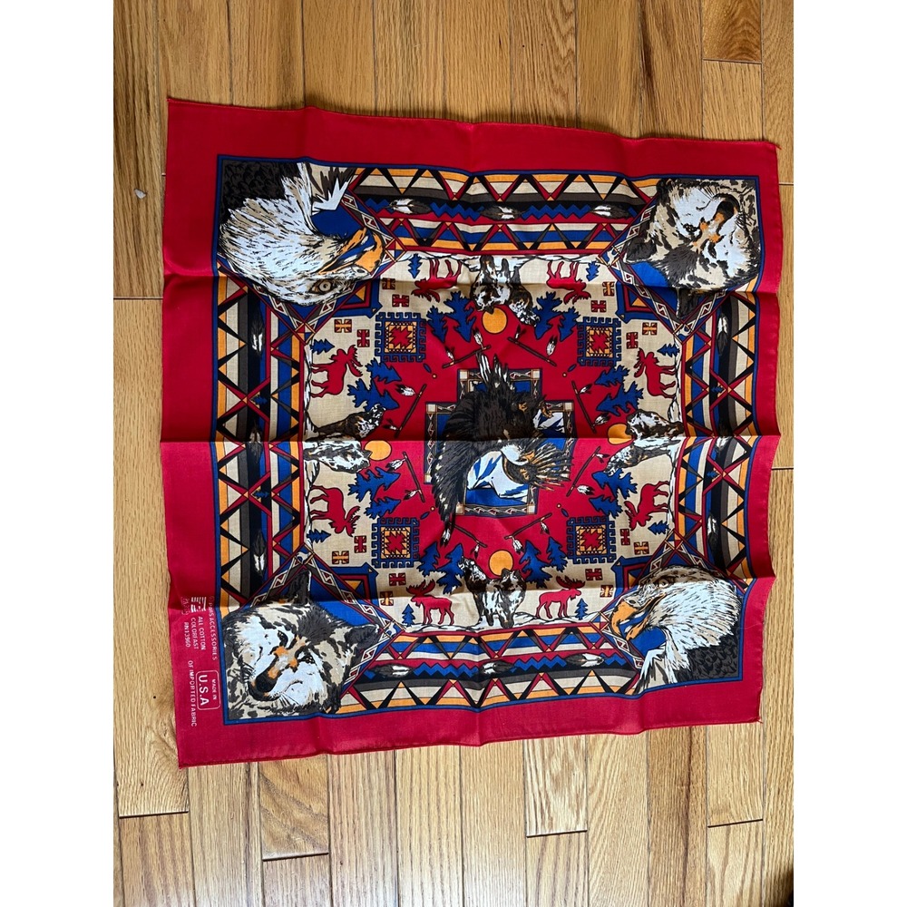 Vintage Paris Accessories Wolf Eagle Bandana Red Cotton Made in USA 21x21 Scarf